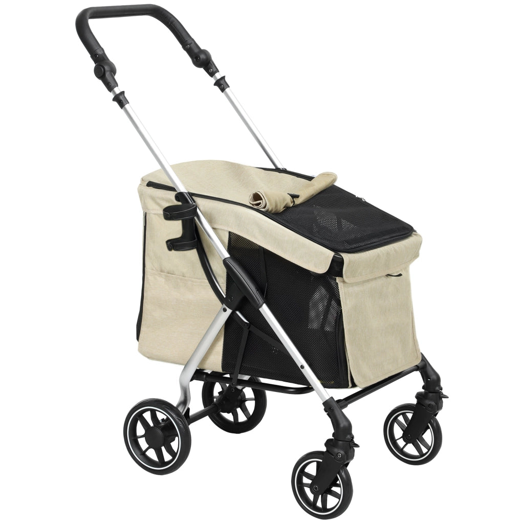 Carrello pieghevole in alluminio per cani e gatti fino a 10 kg con finestre a rete, ruote e freno, khaki