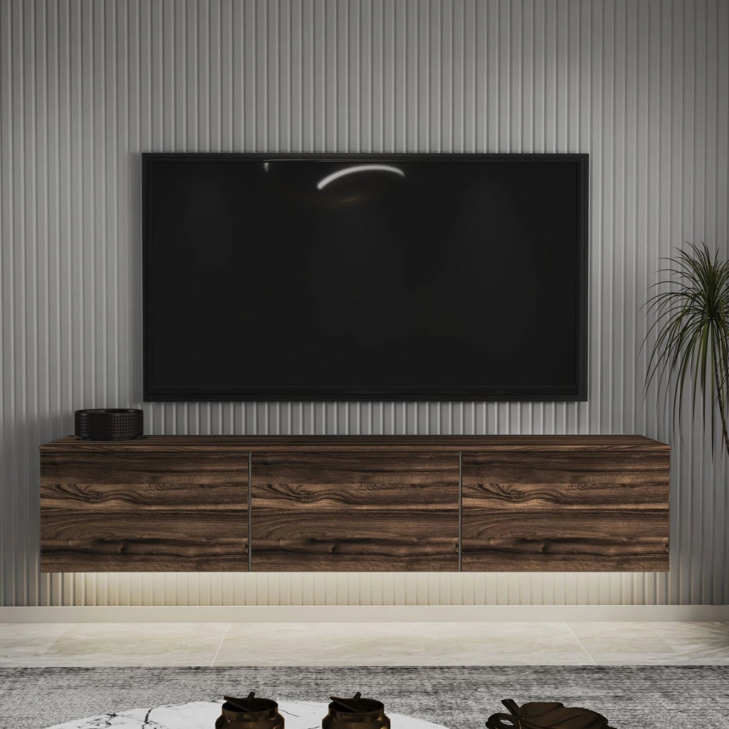 Porta TV sospeso in legno "Neon" con illuminazione a LED - 160 x 32 x 35 cm - Marrone