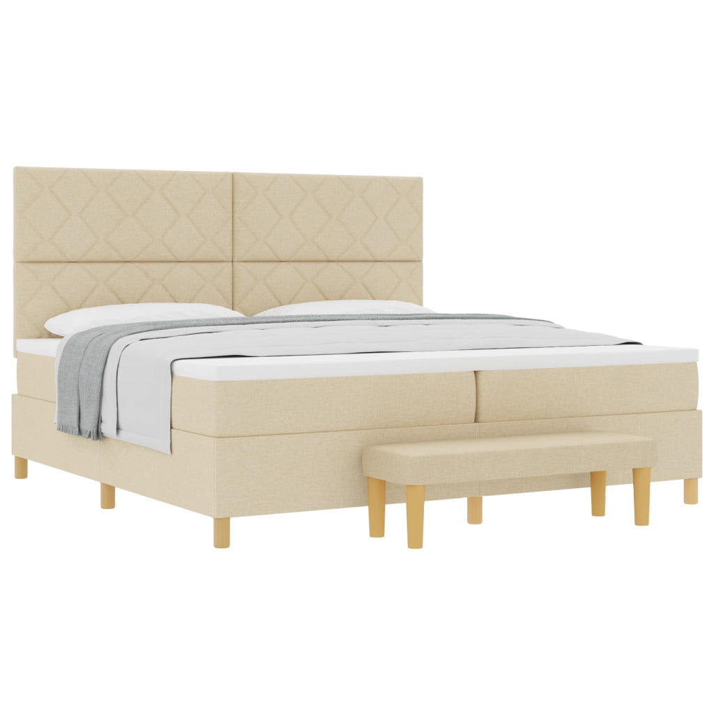 Letto Box Spring con Materasso e Panchina Panna 200x200 cm Tessuto