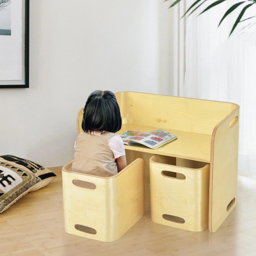 Set tavolo e sedie in legno di faggio per bambini-Set multiuso con tavola spessa e superficie liscia Naturale