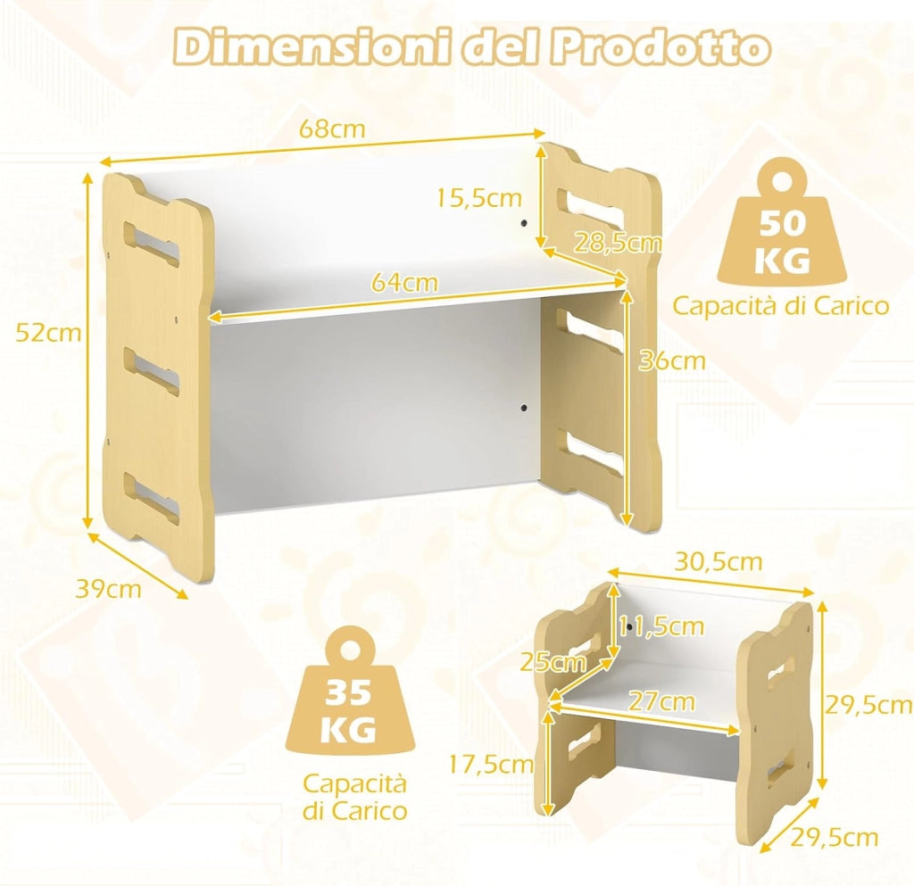 Set Tavolo e Sedia per Bambini, Set 3 Pezzi per Bambini con 2 Sgabelli e Tavolo Attività, Angoli Arrotondati e Maniglia, Mobili Multifunzionali per Casa, Scuola e Asilo (Naturale)