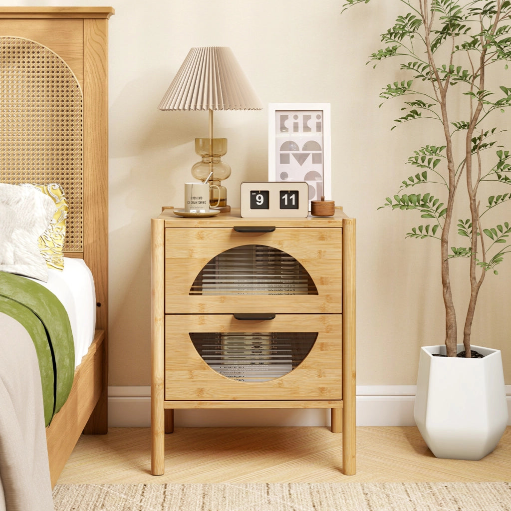 Comodino in bambù mid-century moderno con 2 cassetti e frontali in vetro temperato-Tavolino da notte Tavolino laterale naturale per soggiorno