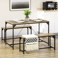 Set Tavolo da Pranzo e 2 Panche, Struttura in Acciaio, 4 Persone, per Cucina, Sala da Pranzo, Salotto, Naturale e Nero