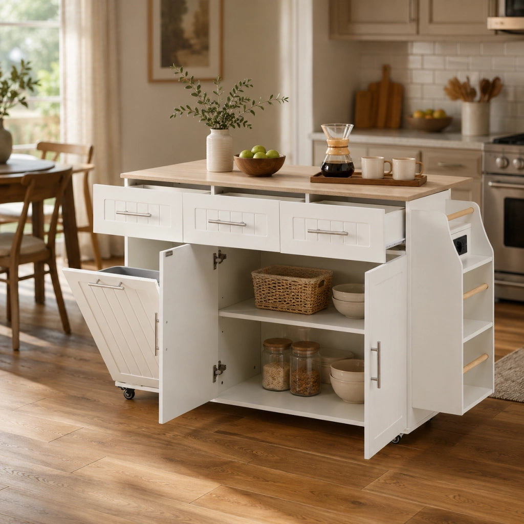 Carrello cucina 120x40(70)x90 cm con piano pieghevole; cassetto e ruote in MDF bianco