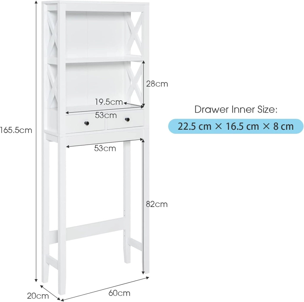 Scaffale per WC, in legno, per lavatrice, salvaspazio, sottile, 2 cassetti e 2 ripiani, colore: bianco