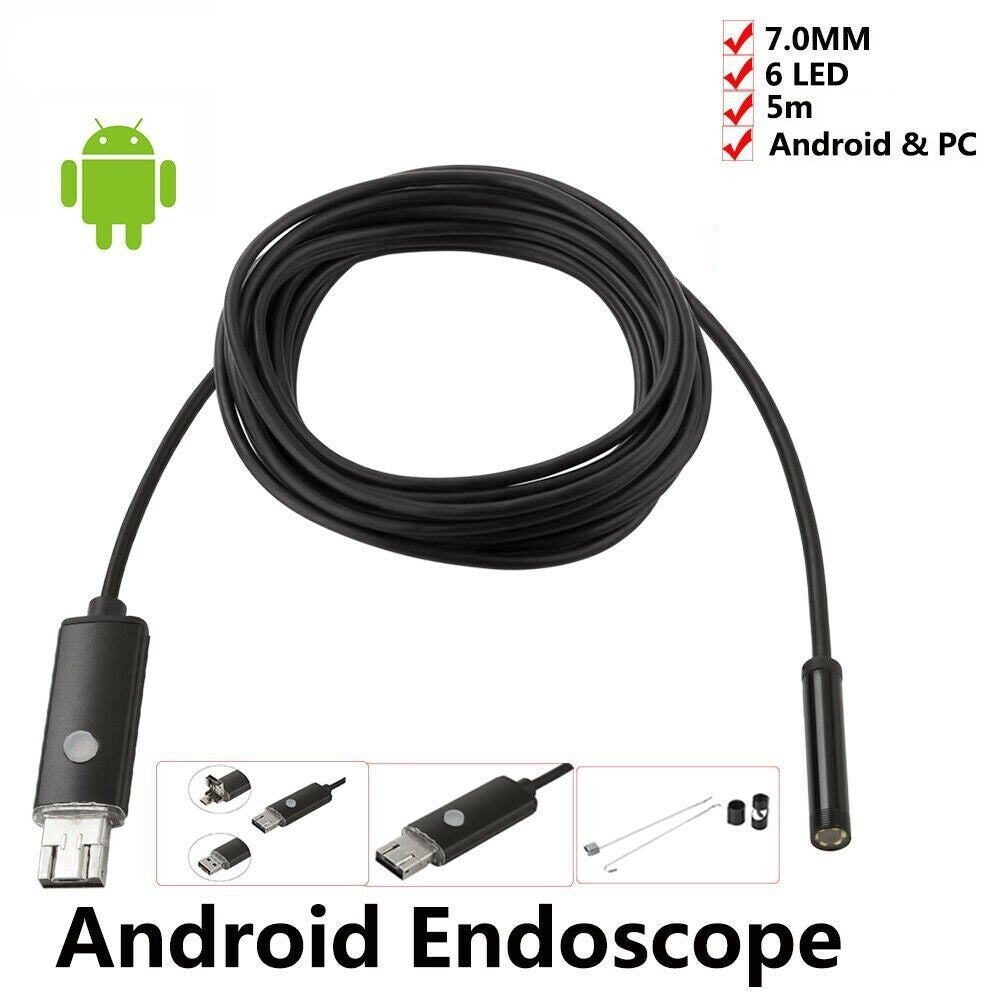 Trade Shop - Telecamera Endoscopica 6 Led Tubo Flessibile Usb 5 Mt Impermeabile Ispezione -
