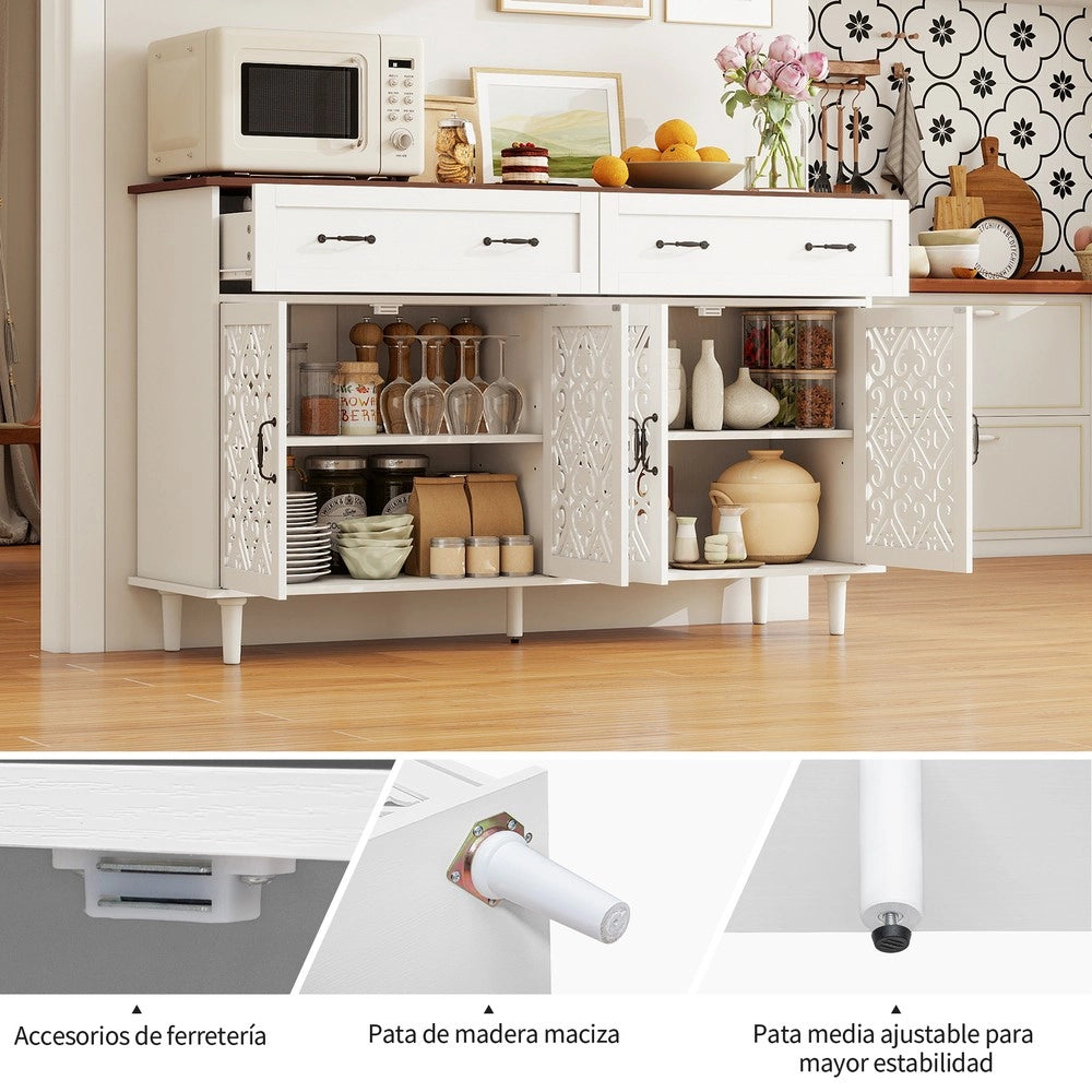 Credenza Vintage ¨C MINIMAL ¨C Legno Massello, 4 Ante Intagliate, 2 Cassetti