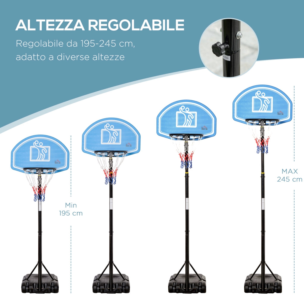 Canestro da Basket Regolabile ¨C Minimal ¨C Blu, Base con Ruote, 197.5-245cm