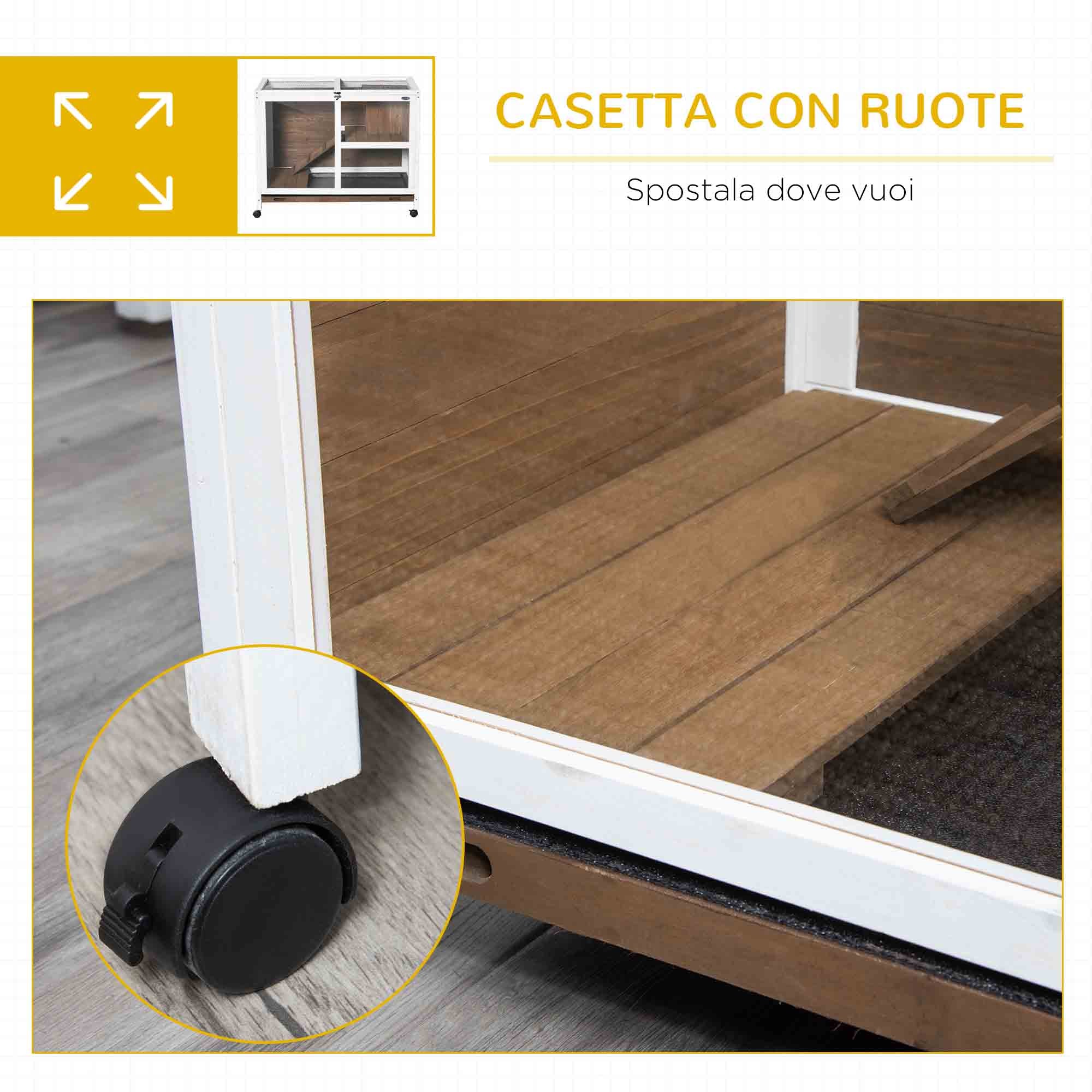 Conigliera a 2 Livelli con Casetta Rampa e Vassoio Estraibile 91,5x53,3x73 cm in Legno di Abete Marrone