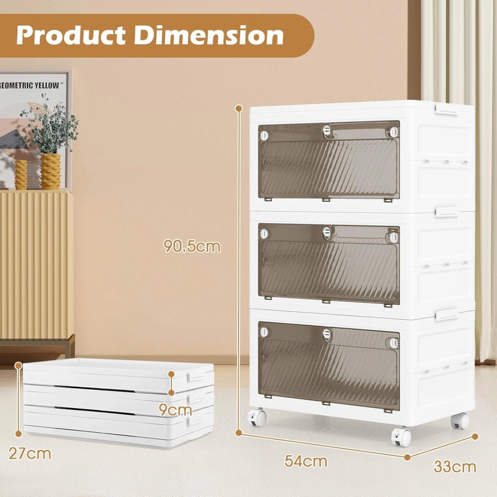 Scatole portaoggetti in plastica da 126 l, contenitori impilabili a 3 livelli con ruote, coperchio, organizer pieghevole per soggiorno, camera da letto, ufficio, dormitorio