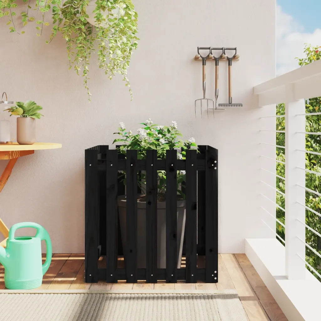 Fioriera Giardino a Recinzione-Vaso con Ringhiera-Contenitore per Piante Nera 70x70x70 cm Massello Pino