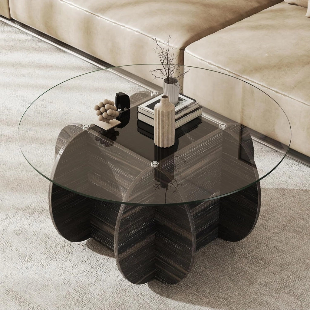 Tavolino da Salotto Rotondo con Piano in Vetro Temperato e Base in Legno Massello, Tavolino da Caffè Moderno con Scomparto Portaoggetti per Soggiorno, Studio e Ufficio, 89 x 89 x 46 cm