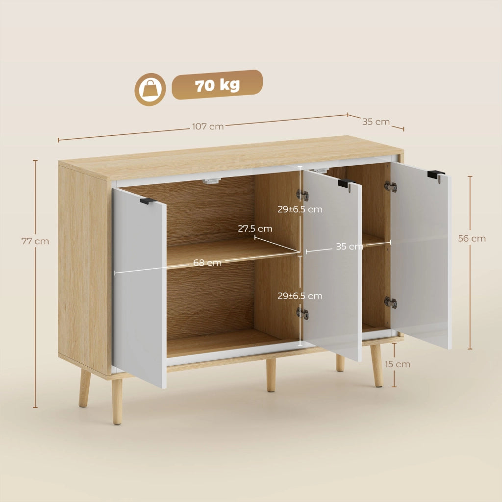 Credenza Moderna 107x35x77 cm a 3 Ante con Ripiano Regolabile Bianco Lucido e Rovere