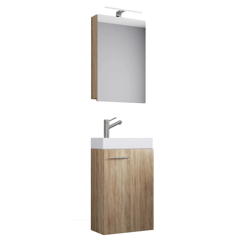 LineaViva Mobile Sospeso con Lavabo Bianco in ceramica di alta qualità e mobile specchio con luce a led, Rovere Sonoma