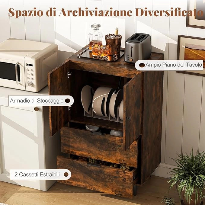 Credenza da Cucina, Armadio a 2 Ante con Cassetti e Mobile Contenitore, Mobile Cucina da Pavimento con Gambe in Metallo per Soggiorno e Appartamento, 60 x 41,5 x 102 cm (Marrone)