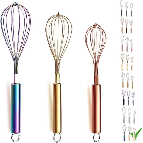 Set di 3 Fruste in Acciaio Inossidabile, Frusta d'Oro da 20 cm, Frusta in Oro Rosa da 25 cm, Frusta a Raggi d'Arco da 30 cm, Set di Fruste a Filo per la Cucina (Lotto di 3)
