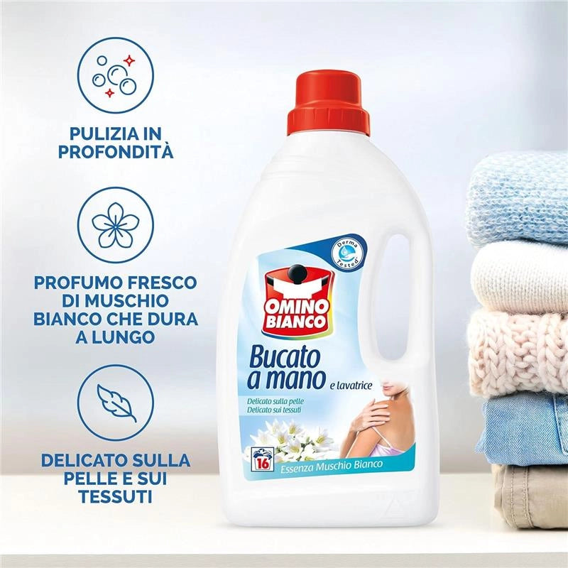 OMINO BIANCO DETERSIVO BIVALENTE LIQUIDO LAVAGGIO A MANO E IN LAVATRICE ESSENZA MUSCHIO BIANCO 1000 ML