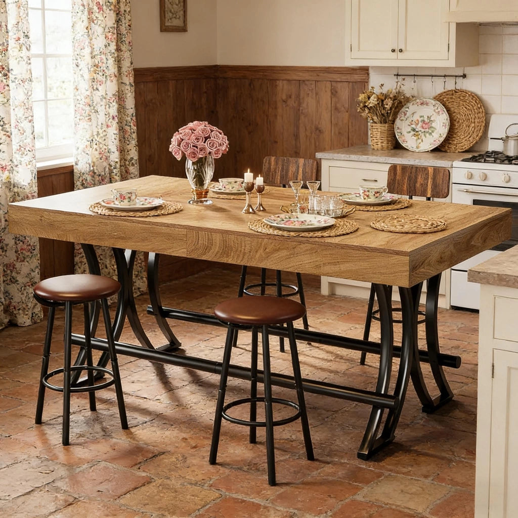 Tavolo alto rettangolare con poggiapiedi in metallo piano in MDF effetto legno nero marrone per 6-8 persone 160 cm