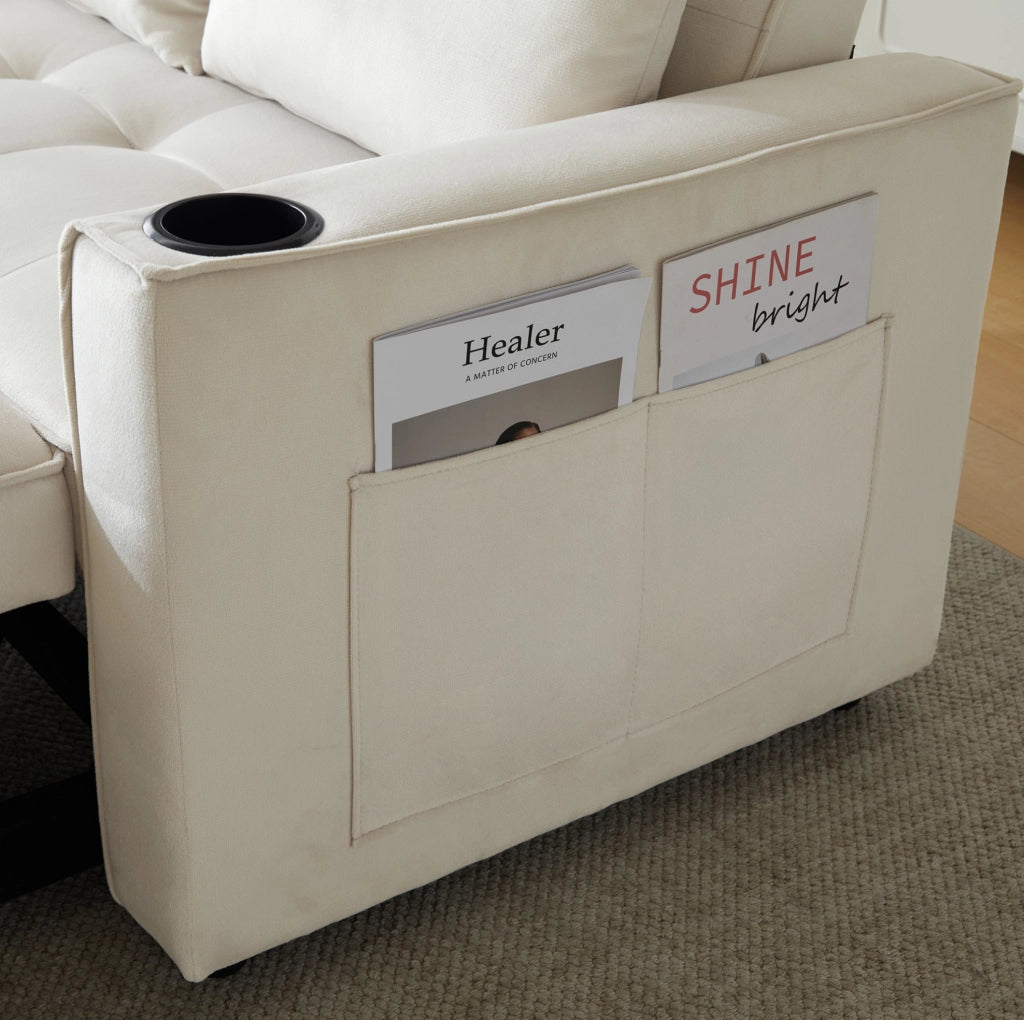 Divano letto multifunzione con portabicchieri e tasche in velluto beige
