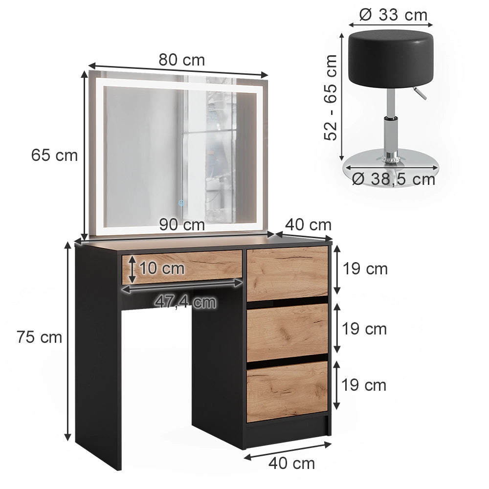 Vicco Tavolino da toilette Antracite/quercia dorata 90 x 75 cm con specchio LED e sgabello