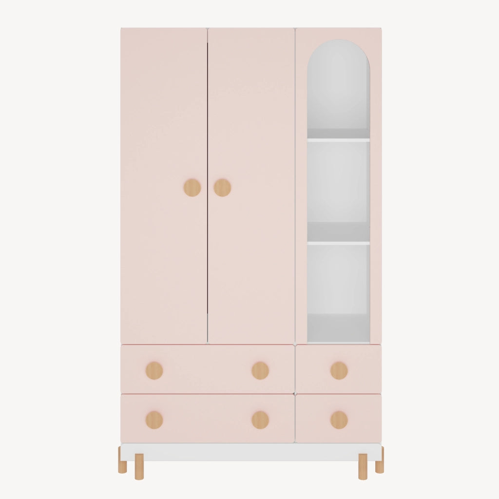 Armadio per Cameretta Vaarentaa a 2 Ante con 4 Cassetti e 3 Vani Aperti 156x90x41 cm - Bianco/Rosa [en.casa]