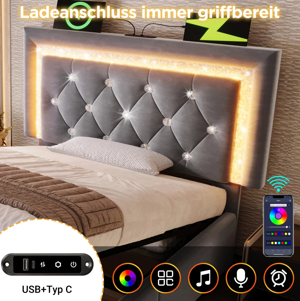 Letto singolo 90x200 cm in velluto grigio con LED; presa USB e Type-C; contenitore e materasso