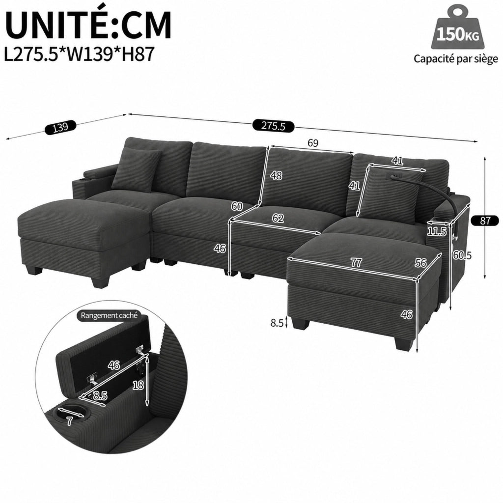 Divano modulare 5–6 posti a U con funzione letto prese USB e USB-C supporto per telefono in velluto a coste grigio