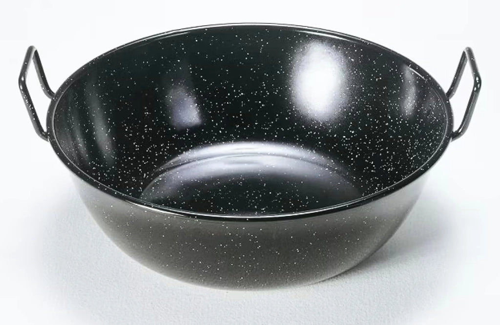 Tegame Fondo in Ferro Smaltato con Manici, Nero per uso professionale, Ideale per Fritture e Preparazioni Etniche 36 cm