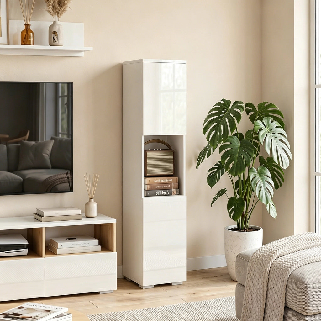 Mobile multimediale slim a 5 ripiani regolabili porta CD e router, scaffale compatto salvaspazio, bianco
