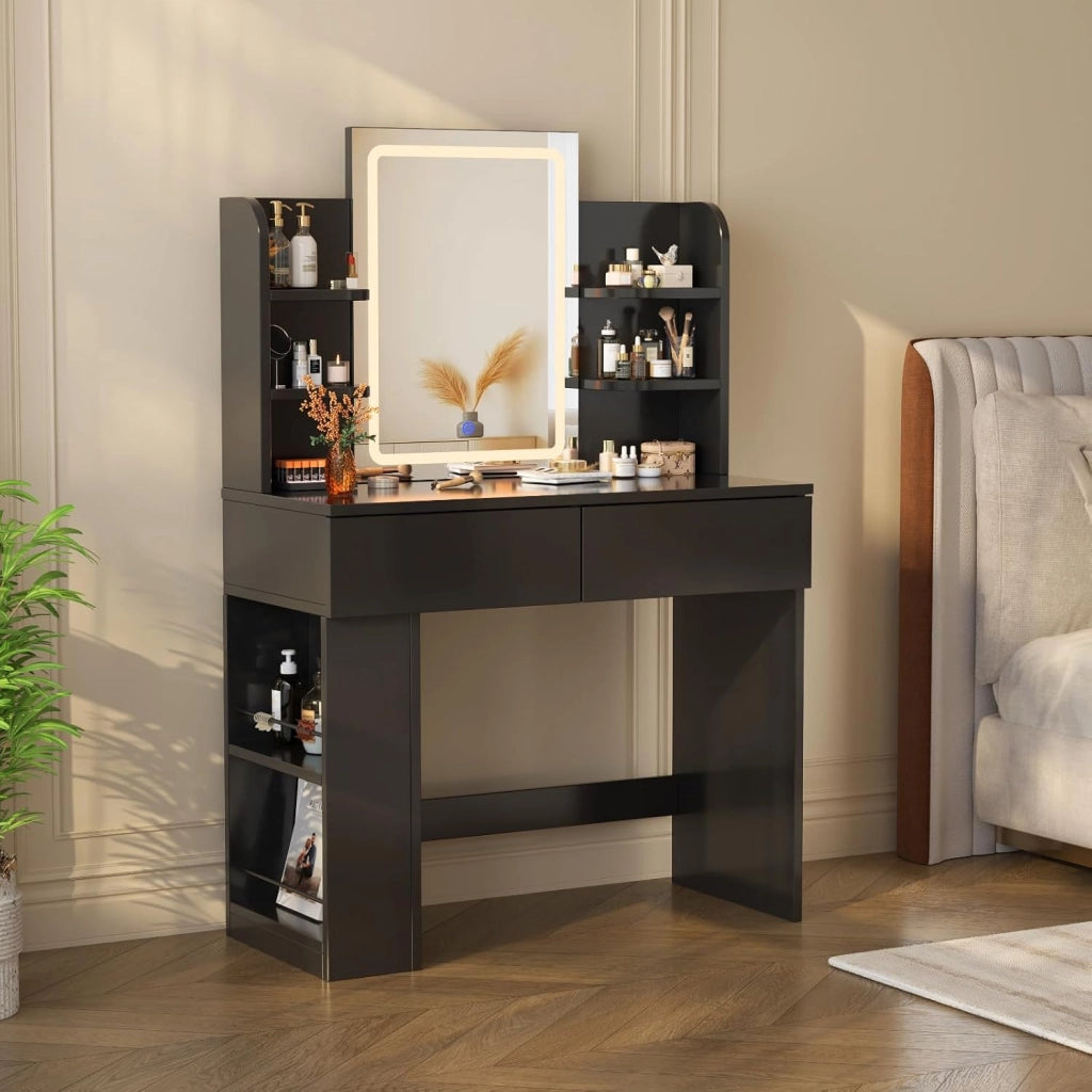 Toeletta Trucco con Luci LED 3 con Luminosità Regolabile,Tavolo da Trucco con Specchio, Ripiani Regolabili, 2 Cassetti, in Legno,Moderno (Bianco, 90cm)