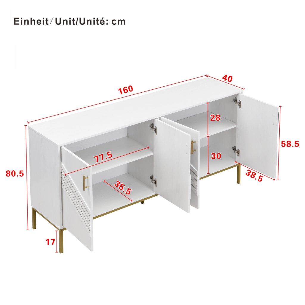 Credenza con 4 Ante e 2 Ripiani Regolabili; Design Geometrico Moderno; in MDF; 160??40??80;5 cm; Bianco