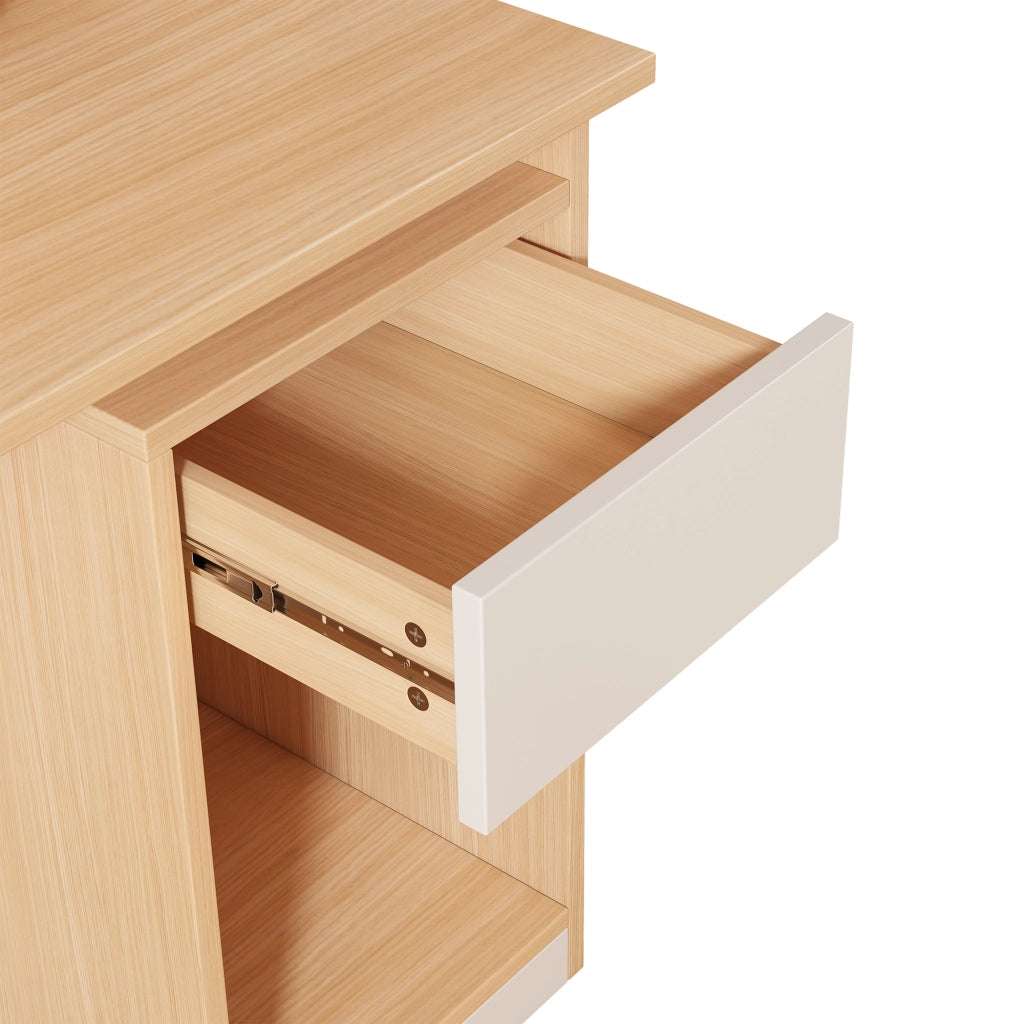 Scrivania lineare con libreria alta, ante in acrilico, cassetti e vani aperti, per studio e ufficio, 180 cm