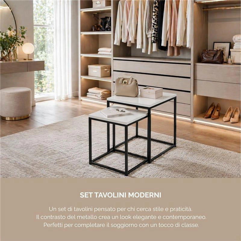 2 TAVOLINI METALLO MELANINA E MDF DIMENSIONI 35X35X45H CM E 40X40X50H CM - COLORE BIANCO LEGNO