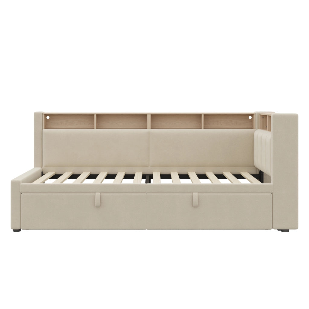 Letto singolo estraibile 90x200 cm in lino e MDF; beige; con LED e testiera contenitore