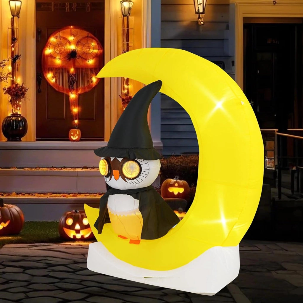 Decorazione Halloween, gufo decorativo con luna gonfiabile, 130 x 60 x 155 cm, 3 luci a LED e 2 grandi luci lampeggianti, soffietto incluso, decorazione per Halloween all'aperto e interni