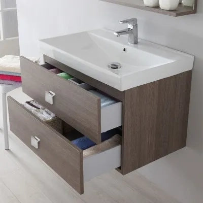 Mobile bagno sospeso 75x51 cm rovere scuro con due cassettoni completo di lavabo specchio e mensola Bravo