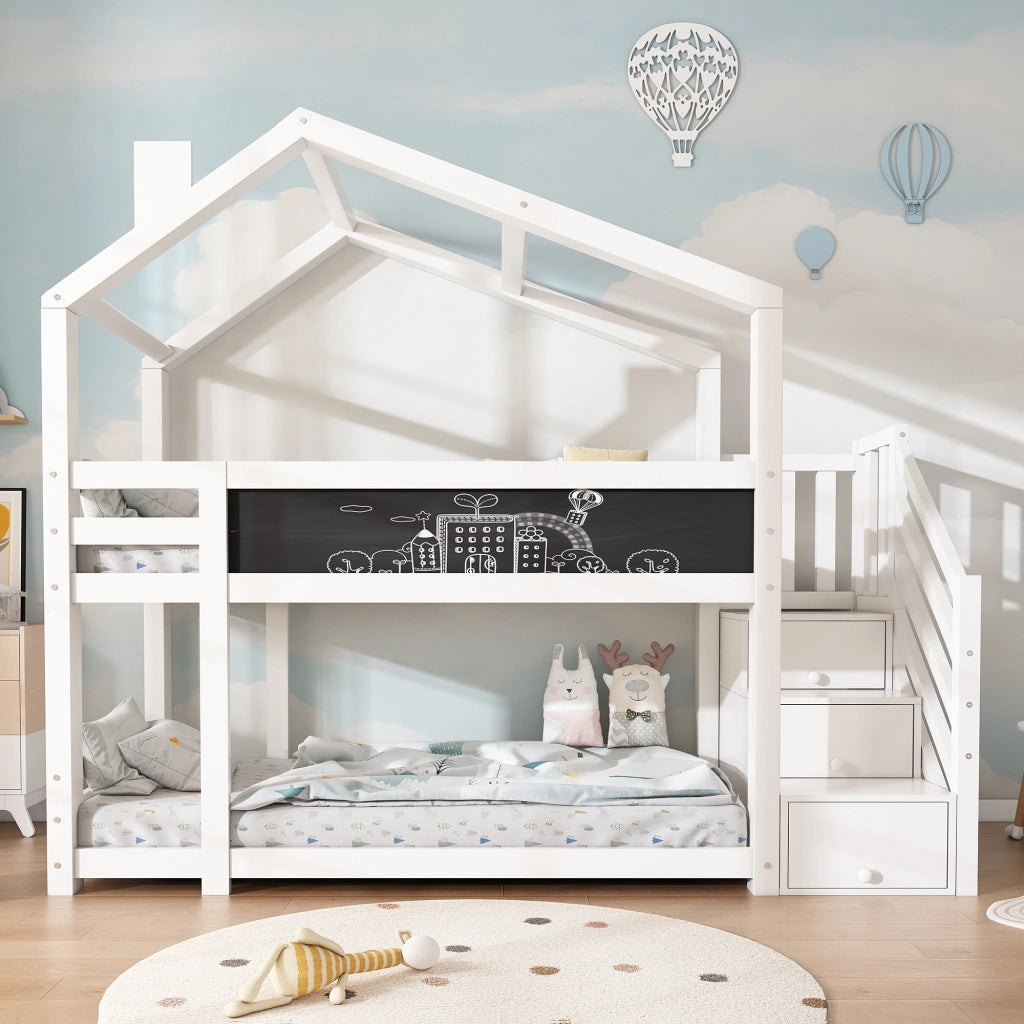 OKWISH Letto a Castello a Casetta 90×200 cm, Letto Singolo con Contenitore, Cassetti e Lavagna, con Barriera, senza Materasso, Bianco