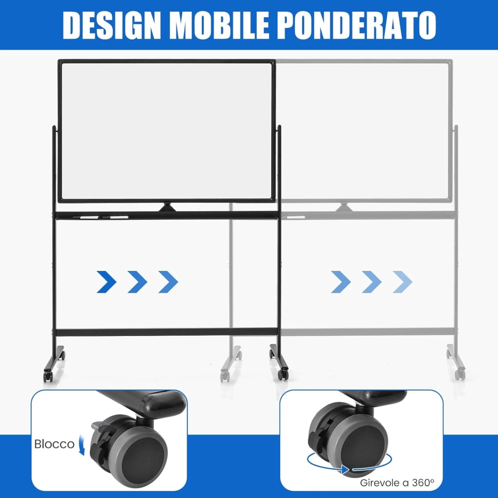 Lavagna Bianca Mobile 120 x 80 cm, Lavagna a Doppia Faccia Magnetica Cancellabile a Secco con Cavalletto e Ruote, Altezza Regolabile 2 Livelli, Accessori Completi (Nero)