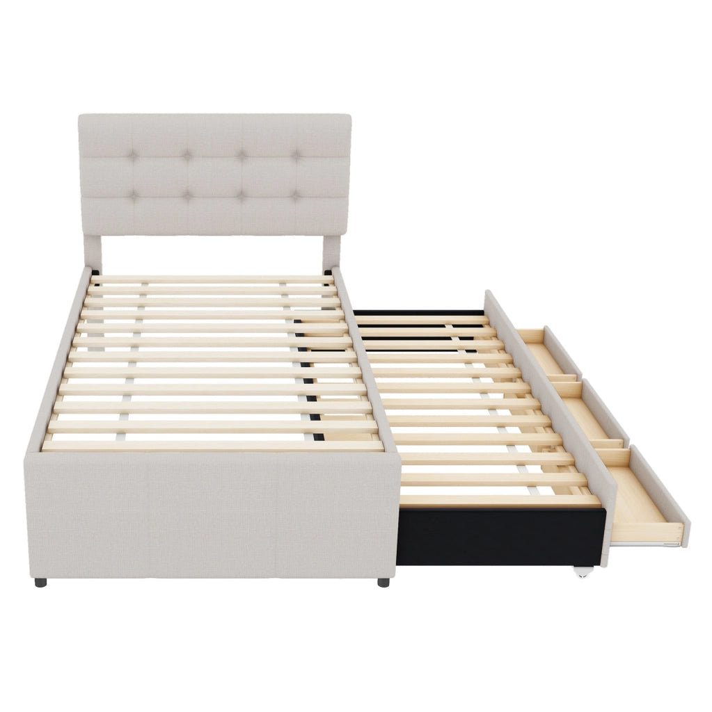 Letto singolo 90x200 cm; estraibile; 3 cassetti; testiera regolabile; lino; beige (Senza materasso)