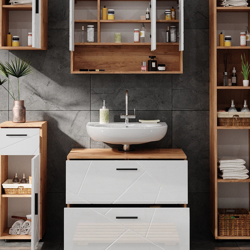 Vicco Set di mobili da bagno Bianco lucido/oro power oak 5 parti