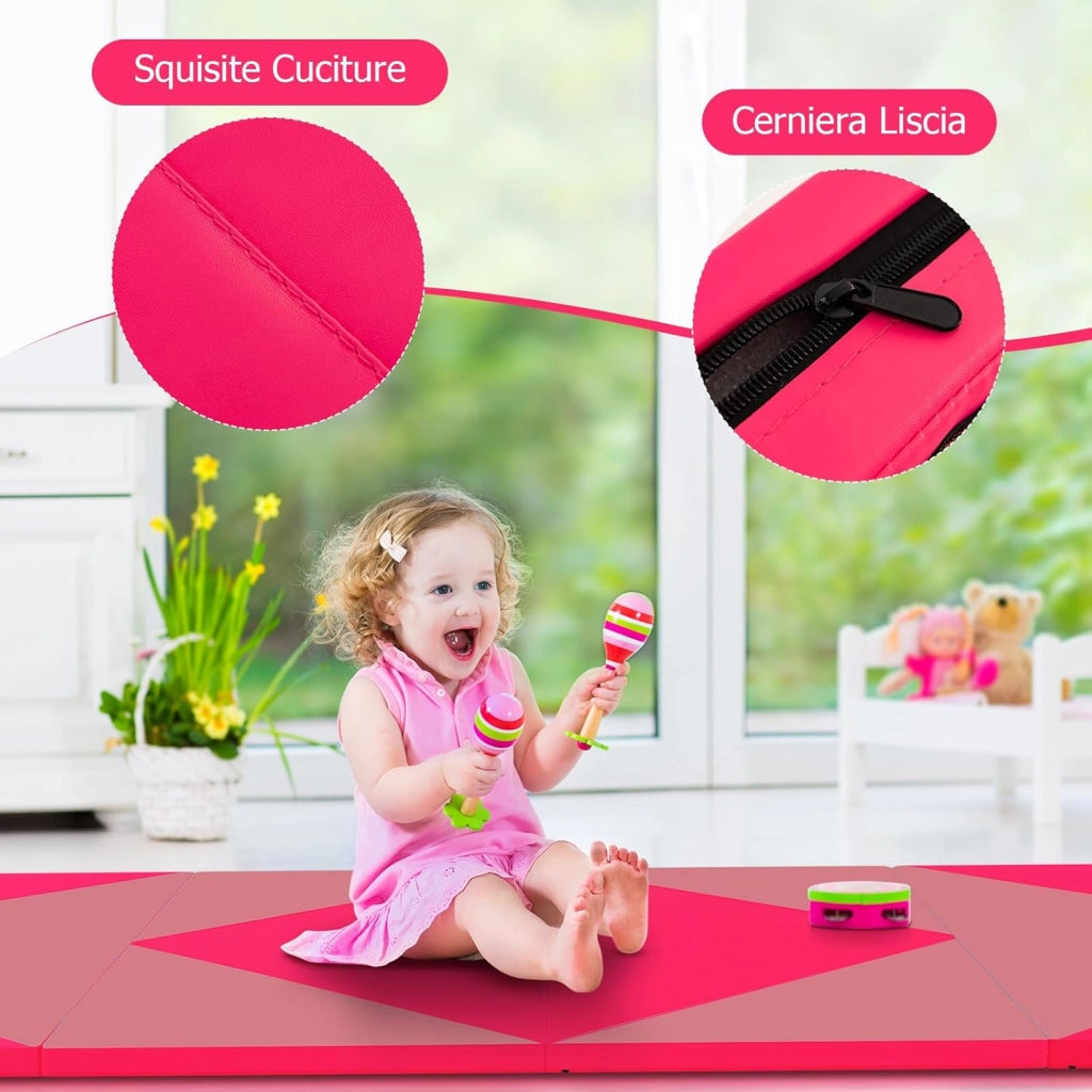 Tappetino Ginnastica Pieghevole 240 CM, Tappetino per Tumbling in Pelle PU con Chiusure a Strappo per Stretching, Yoga, Arti Marziali da Casa, Palestra e Fitness