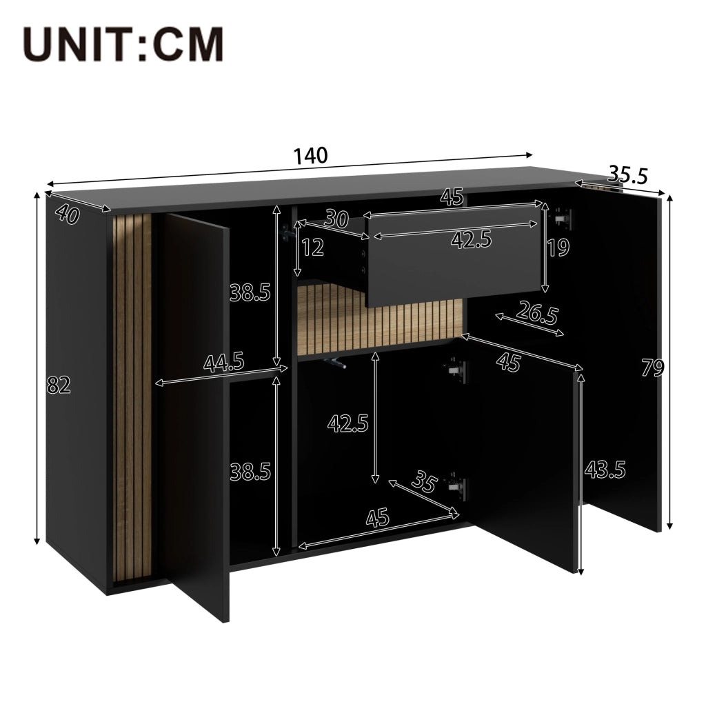 Credenza con 3 ante; 1 cassetto e LED regolabile; 140x40x82 cm; nero naturale