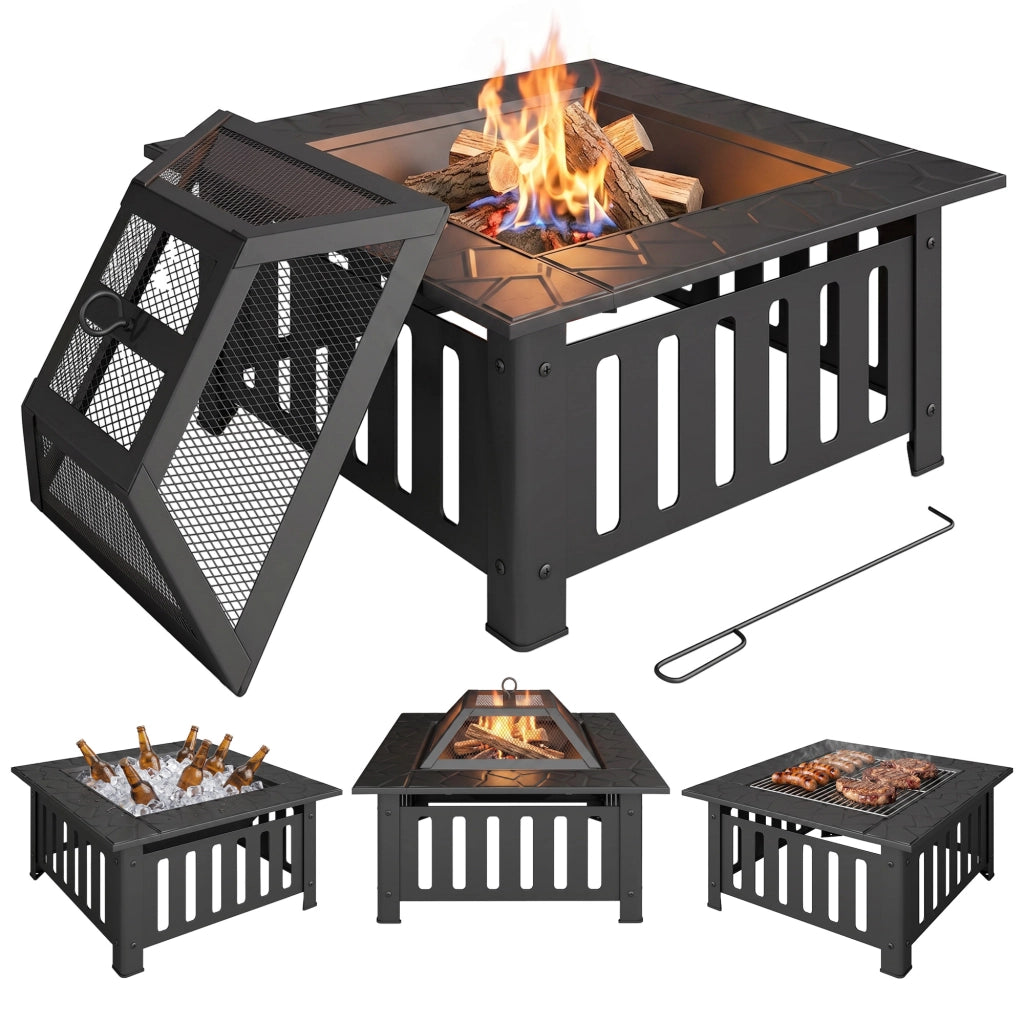 Braciere Quadrato da Giardino ¨C Xylo ¨C Acciaio Nero 67x67x47 cm con Attizzatoio e Coperchio