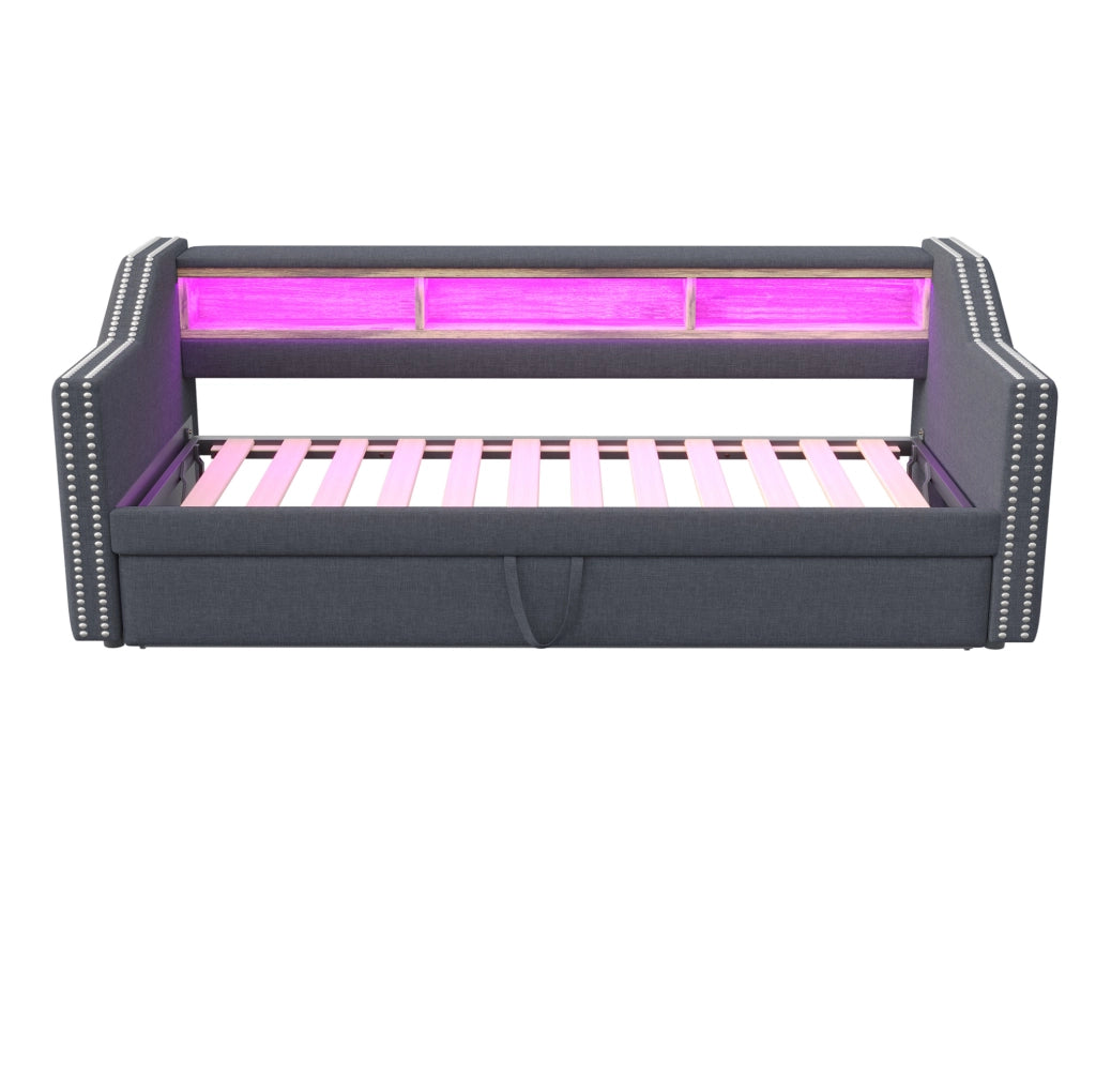 Divano letto estraibile 90/180x190 cm con LED; USB e vani laterali; grigio scuro