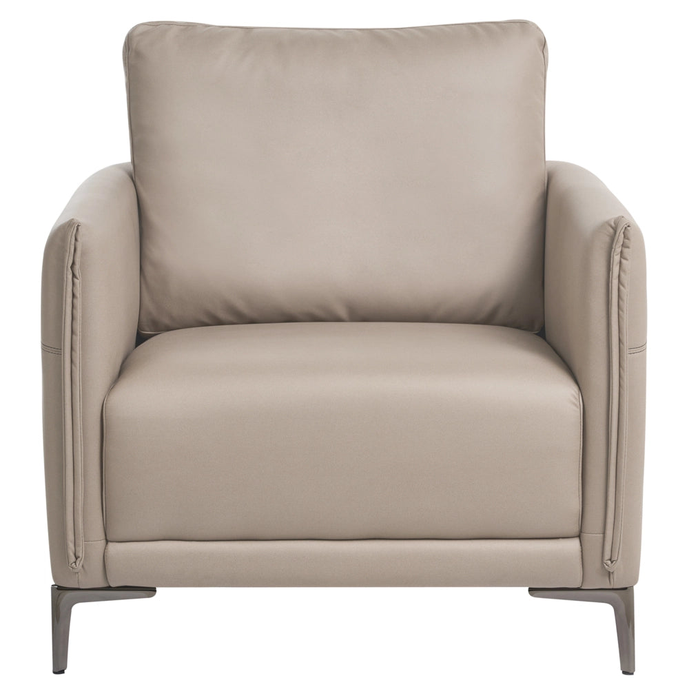 Poltrona tortora imbottita in tessuto con gambe in metallo stile moderno minimalista