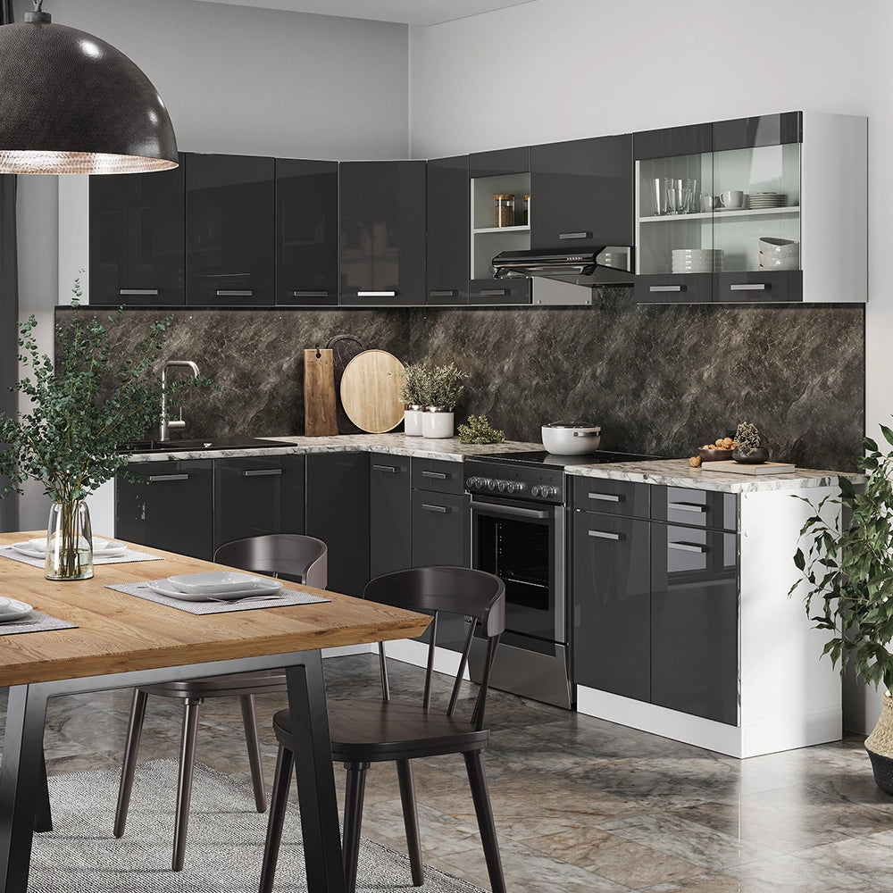 Vicco Cucina ad angolo Bianco/antracite lucido 267 x 167 cm , PL Marmo con striscia LED
