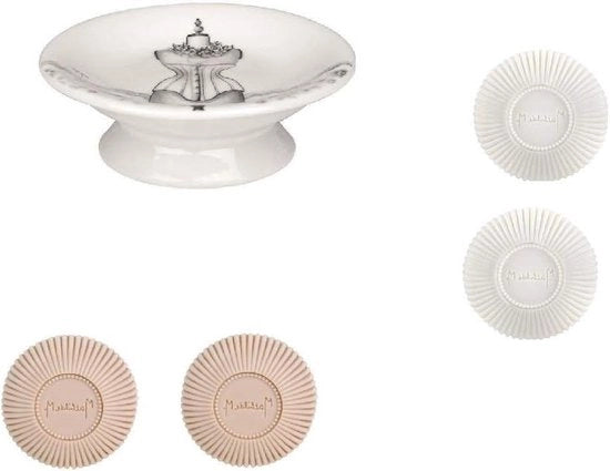 Set di 4 sapone con profumo "fiori di cotone" e "polvere di riso" - confezione da 4 - 85 g - Ø 115 x 4 cm - contenitore di sapone in ceramica
