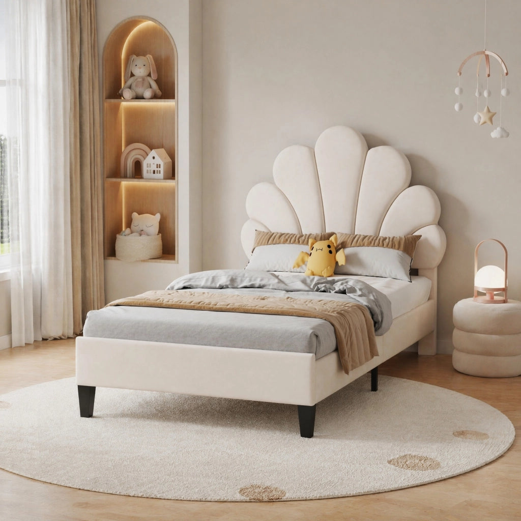 Letto imbottito 90x200 cm con testiera a forma di fiore; velluto beige