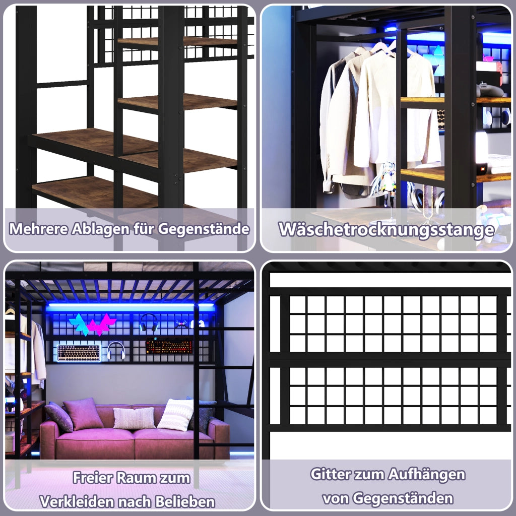 Letto a soppalco in metallo con rete appendi, LED e scala, 140x200 cm, nero