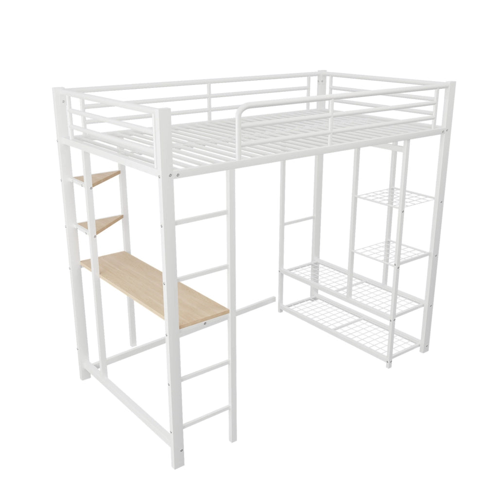 Letto a soppalco singolo 90x200 cm in metallo e MDF con scrivania; ripiani e guardaroba; bianco